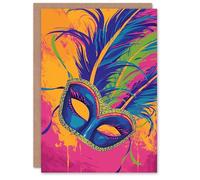 Artery8 Birthday Card Mardi Gras Carnival Mask Feathers Vibrant Design For Her Gran Sister Niece Daughter Wife Woman Greeting Card