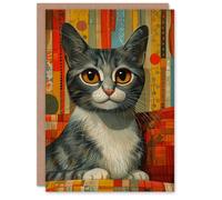 Artery8 Birthday Card Midcentury Grey Cat Portrait Retro Patchwork Cute Animal Artery8 Multicolor