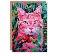 Artery8 Birthday Card Neon Pink Cat Lover Jungle Nature Design For Her Gran Sister Niece Daughter Wife Woman Greeting Card