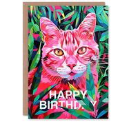 Artery8 Birthday Card Neon Pink Jungle Cat Lover Nature Design For Her Gran Sister Niece Daughter Wife Woman Greeting Card
