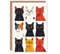 Artery8 Birthday Card Nine Fun Cats Animal Lover Artwork Cute Pop Kitty in White Artery8 White