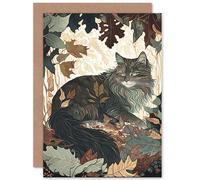 Artery8 Norwegian Forest Cat Resting Under Bush Trees Modern Illustration Art Birthday Sealed Greeting Card Plus Envelope Blank inside