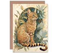 Artery8 Birthday Card Ocicat Cat with Teal Rosette Pattern Fur & Leafy Plants Watercolour Art Birthday Artery8 Multicolor