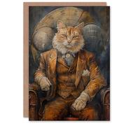 Artery8 Birthday Card Old Fashioned Cat Gent Armchair Steampunk For Him Man Male Dad Brother Son Papa Grandad Greeting Card