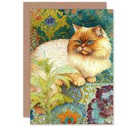 Artery8 Orange Persian Cat William Morris Inspired Floral Pattern Colourful Modern Illustration Art Birthday Sealed Greeting Card Plus Envelope Blank inside
