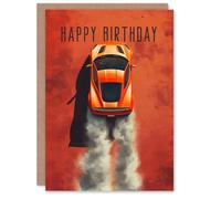 Artery8 Birthday Card Orange Sports Car Dirt Road Dusty Trail For Him Man Male Dad Brother Son Papa Grandad Greeting Card