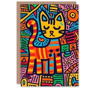 Artery8 Birthday Card Pet Cat Lover Colourful Folk Art Pattern For Son Daughter Girl Boy Kids Happy Card