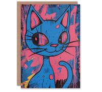 Artery8 Birthday Card Pink Blue Art Cat Painting Abstract Punk Arty Art All Occasion Greeting Card Artery8 Blue