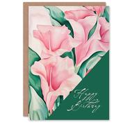 Artery8 Birthday Card Pink Trumpet Flower Floral Watercolour For Her Gran Sister Niece Daughter Wife Woman Greeting Card