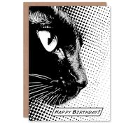 Artery8 Birthday Card Pop Art Cat Black and White Comic Animal Lover For Him Her Man Woman Girl Boy Wife Husband Greeting Card