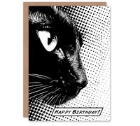 Artery8 Birthday Card Pop Art Cat Black and White Comic Animal Lover For Him Her Man Woman Girl Boy Wife Husband Greeting Card