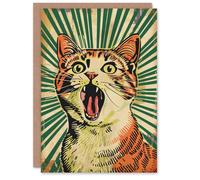 Artery8 Birthday Card Pop Art Cat Scream Fun Green Stripes Bold Arty Art All Occasion Greeting Card Artery8 Green