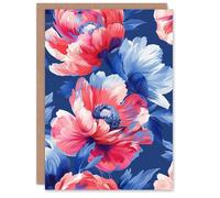 Artery8 Birthday Card Poppy Flower Elegant Pink Blue Pattern For Her Gran Sister Niece Daughter Wife Woman Greeting Card