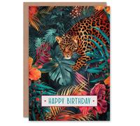 Artery8 Birthday Card Prowling Leopard in Dark Tropical Flowers Jungle Exotic For Her Gran Sister Niece Daughter Wife Woman Greeting Card
