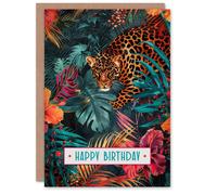 Artery8 Birthday Card Prowling Leopard in Dark Tropical Flowers Jungle Exotic For Her Gran Sister Niece Daughter Wife Woman Greeting Card