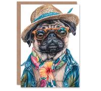 Artery8 Birthday Card Pug Dog Lover Hawaii Vacation Fun Portrait For Him Man Male Dad Brother Son Papa Grandad Greeting Card