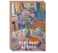 Artery8 Birthday Card Purple Bouquet on Lunch Table Classic Glitch For Her Gran Sister Niece Daughter Wife Woman Greeting Card