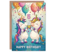 Artery8 Birthday Card Rainbow Unicorn Party Balloons Cartoon Cute 5th 5 Year Old For Child Kids Son Daughter Greeting Card Artery8 Multicolor