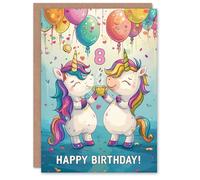 Artery8 Birthday Card Rainbow Unicorn Party Balloons Cartoon Cute 8th 8 Year Old For Child Kids Son Daughter Greeting Card