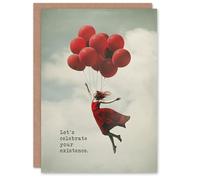 Artery8 Birthday Card Red Balloon Bundle Flight Lady Fun Surreal For Her Gran Sister Niece Daughter Wife Woman Greeting Card