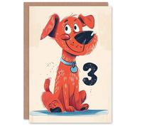 Artery8 Birthday Card Red Dog Lover Pet Puppy Cute Cartoon 3rd 3 Year Old For Child Kids Son Daughter Greeting Card
