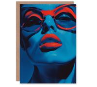 Artery8 Birthday Card Red Lipstick and Glasses Blue Lady Portrait For Her Gran Sister Niece Daughter Wife Woman Greeting Card