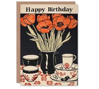 Artery8 Birthday Card Red Tulip Bouquet China Tea Set Vintage Floral For Her Gran Sister Niece Daughter Wife Woman Greeting Card
