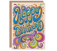 Artery8 Birthday Card Retro Hippy Trippy Psychedelic Typography Swirl Colourful For Him Her Man Woman Girl Boy Wife Husband Greeting Card