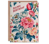 Artery8 Birthday Card Retro Style Flowers Pink Blue Floral Pattern For Her Gran Sister Niece Daughter Wife Woman Greeting Card