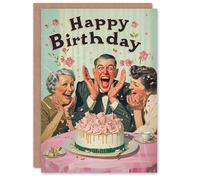 Artery8 Birthday Card Retro Vintage Birthday Cake Party Fun For Him Her Man Woman Greeting Card