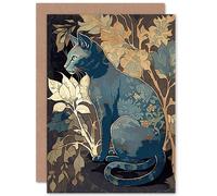 Artery8 Birthday Card Russian Blue Cat with Autumn Plants & Floral Pattern Fur Coat Modern Silkscreen Art Birthday Artery8 Multicolor