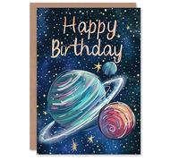 Artery8 Birthday Card Saturn Space Planets Painting Simple For Child Kids Greeting Card
