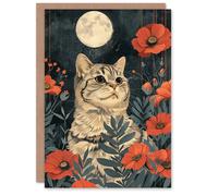 Artery8 Birthday Card Scottish Fold Cat Lover Full Moon Poppy Field For Her Gran Sister Niece Daughter Wife Woman Greeting Card