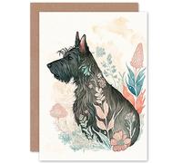 Artery8 Scottish Terrier Dog in Flower Field Bright Modern Multicoloured Watercolour Illustration Art Birthday Sealed Greeting Card Plus Envelope Blank inside