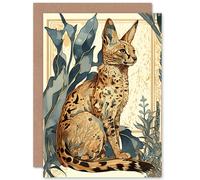 Artery8 Serval Cat with Teal Plants Watercolour Portrait Modern Illustration Art Birthday Sealed Greeting Card Plus Envelope Blank inside