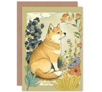 Artery8 Shiba Inu Dog in Flower Field Modern Pastel Watercolour Illustration Art Birthday Sealed Greeting Card Plus Envelope Blank inside