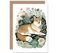 Artery8 Shiba Inu Dog Lying in Flower Field Modern Stylised Illustration Art Birthday Sealed Greeting Card Plus Envelope Blank inside