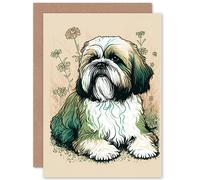 Artery8 Shih Tzu Dog with Daisies Modern Multicoloured Linocut Illustration Art Birthday Sealed Greeting Card Plus Envelope Blank inside