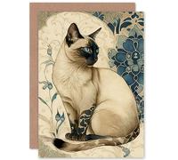 Artery8 Siamese Cat with Blue Flower Pattern Modern Art Nouveau Watercolour Illustration Art Birthday Sealed Greeting Card Plus Envelope Blank inside
