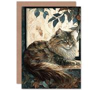 Artery8 Siberian Cat Perched on Window Sill in Autumn Modern Illustration Art Birthday Sealed Greeting Card Plus Envelope Blank inside