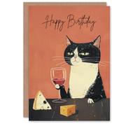 Artery8 Birthday Card Sophisticated Tuxedo Wino Cat Cheese Lover Fun Artwork For Him Her Man Woman Girl Boy Wife Husband Greeting Card