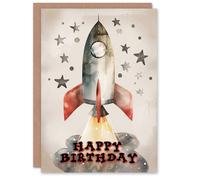 Artery8 Birthday Card Space Rocket Ship Stars Watercolour For Child Kids Son Daughter Greeting Card