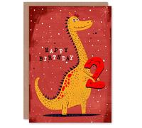 Artery8 Birthday Card Spiky Yellow Red Dinosaur Cartoon Cute 2nd 2 Year Old For Child Kids Son Daughter Greeting Card
