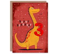 Artery8 Birthday Card Spiky Yellow Red Dinosaur Cartoon Cute 3rd 3 Year Old For Child Kids Son Daughter Greeting Card