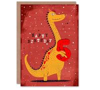 Artery8 Birthday Card Spiky Yellow Red Dinosaur Cartoon Cute 5th 5 Year Old For Child Kids Son Daughter Greeting Card