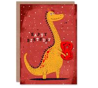 Artery8 Birthday Card Spiky Yellow Red Dinosaur Cartoon Cute 8th 8 Year Old For Child Kids Son Daughter Greeting Card