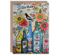 Artery8 Birthday Card Spring Flowers in Floral Wine Bottle Vases For Her Gran Sister Niece Daughter Wife Woman Greeting Card