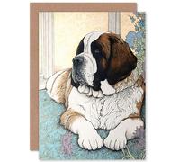 Artery8 St Bernard Dog Lying by Flower Pot Modern Bright Multicoloured Illustration Art Birthday Sealed Greeting Card Plus Envelope Blank inside