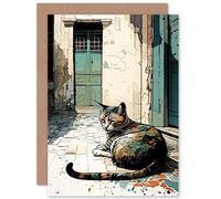 Artery8 Street Cat Sunbathing on Cobblestone Street Modern Illustration Art Birthday Sealed Greeting Card Plus Envelope Blank inside