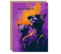 Artery8 Birthday Card Street Cats Lover Sunglasses Purple Orange Design For Him Man Male Dad Brother Son Papa Grandad Greeting Card